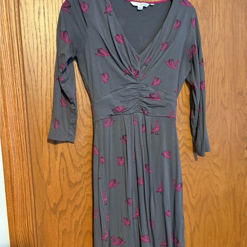 Boden Charcoal and Magenta Swan Print Dress